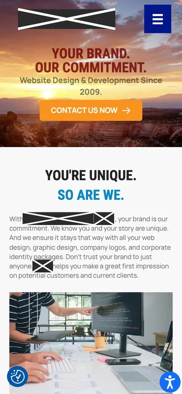 Firm C home page on a phone, with names, logos, phone numbers and faces covered