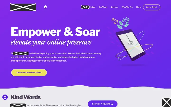 Firm E home page on a laptop, with names, logos, phone numbers and faces covered