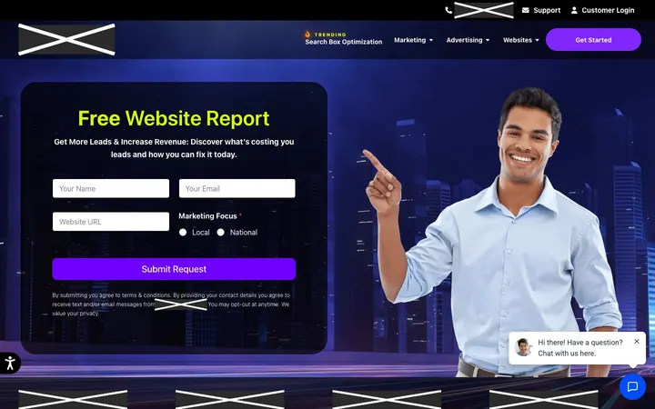 Firm F home page on a laptop, with names, logos, phone numbers and faces covered