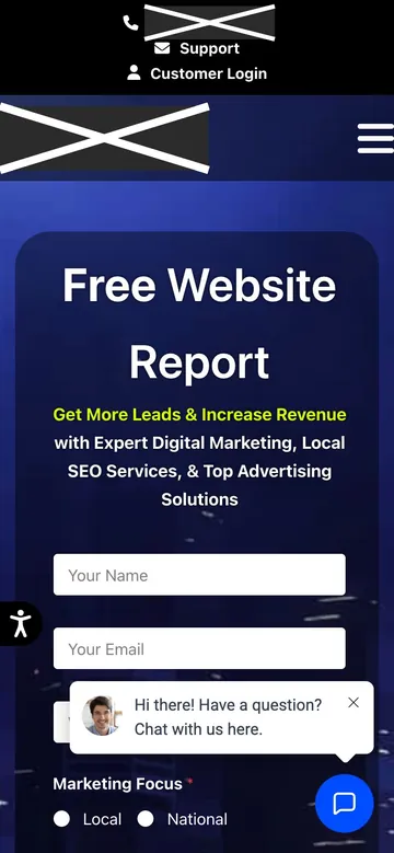 Firm F home page on a phone, with names, logos, phone numbers and faces covered