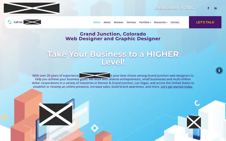 Firm G home page on a laptop, with names, logos, phone numbers and faces covered
