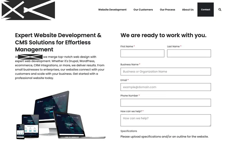 Firm N home page on a laptop, with names, logos, phone numbers and faces covered