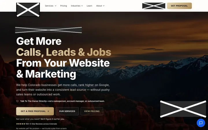 Firm P home page on a laptop, with names, logos, phone numbers and faces covered