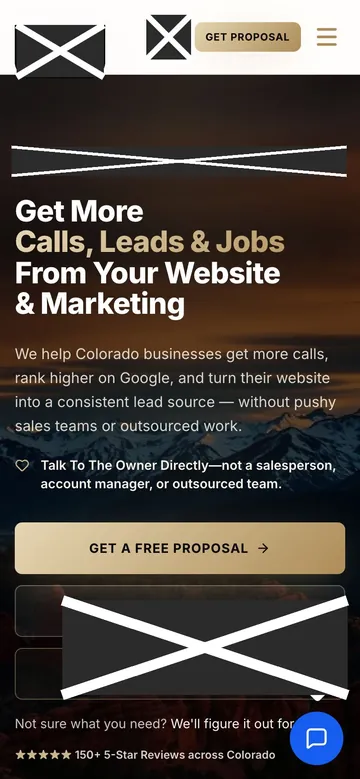 Firm P home page on a phone, with names, logos, phone numbers and faces covered